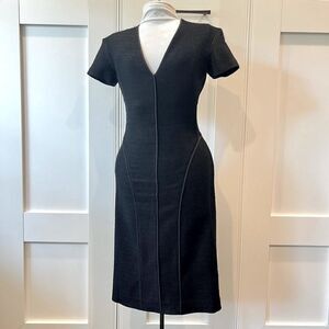 Narciso Rodriguez Black Dress Midi Contour Seam Short Sleeve V Neck Statement Zi